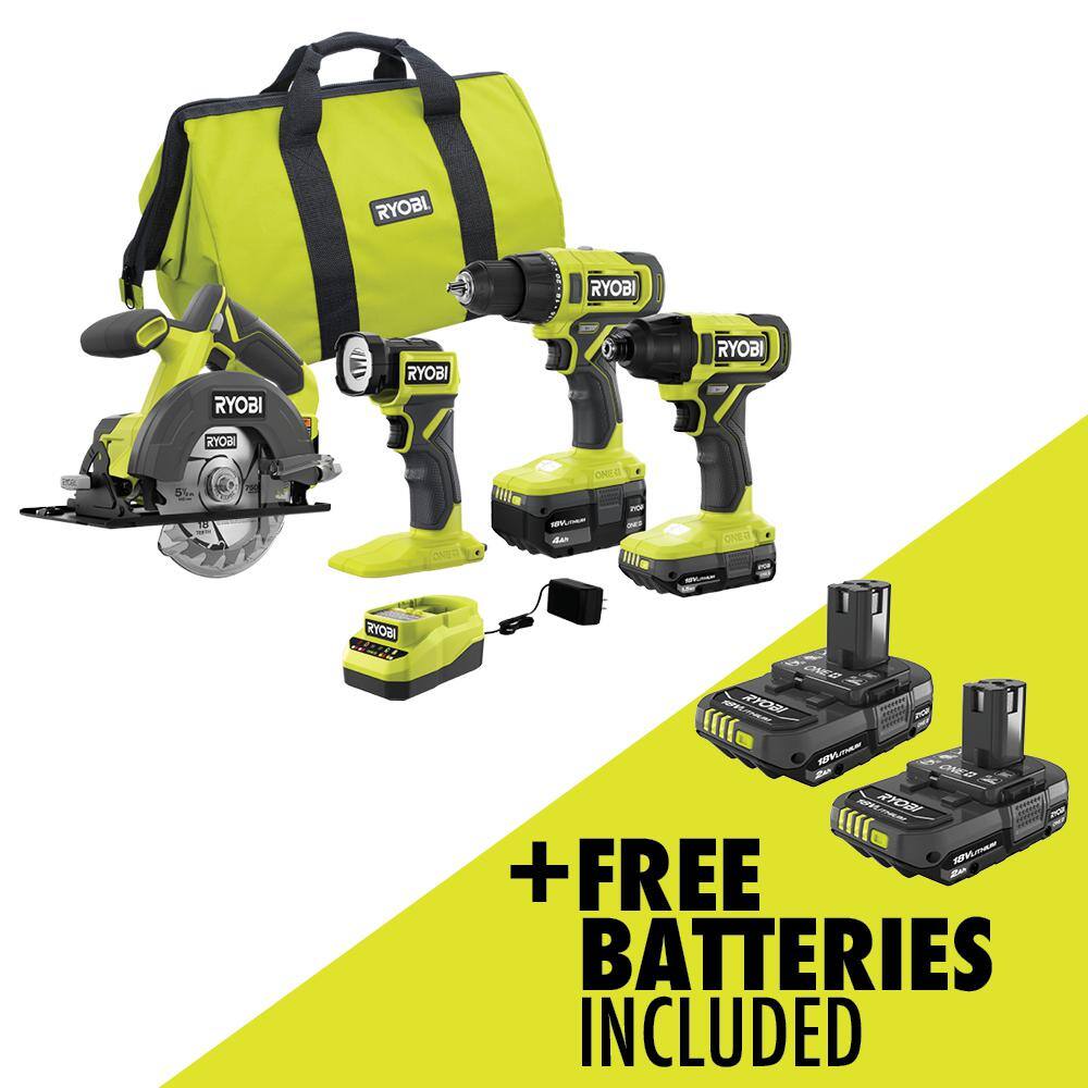 RYOBI ONE+ 18V Cordless 4-Tool Combo Kit with 1.5 Ah Battery 4.0 Ah Battery Charger and FREE 2.0 Ah Battery (2-Pack) PCL1400K2-PBP2006