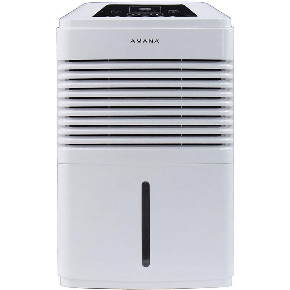 Amana 48 pt. Portable Dehumidifier with Adjustable Humidistat Auto Shut-Off 24-Hour Timer for Bathrooms Basements Bedrooms AMAD481BW