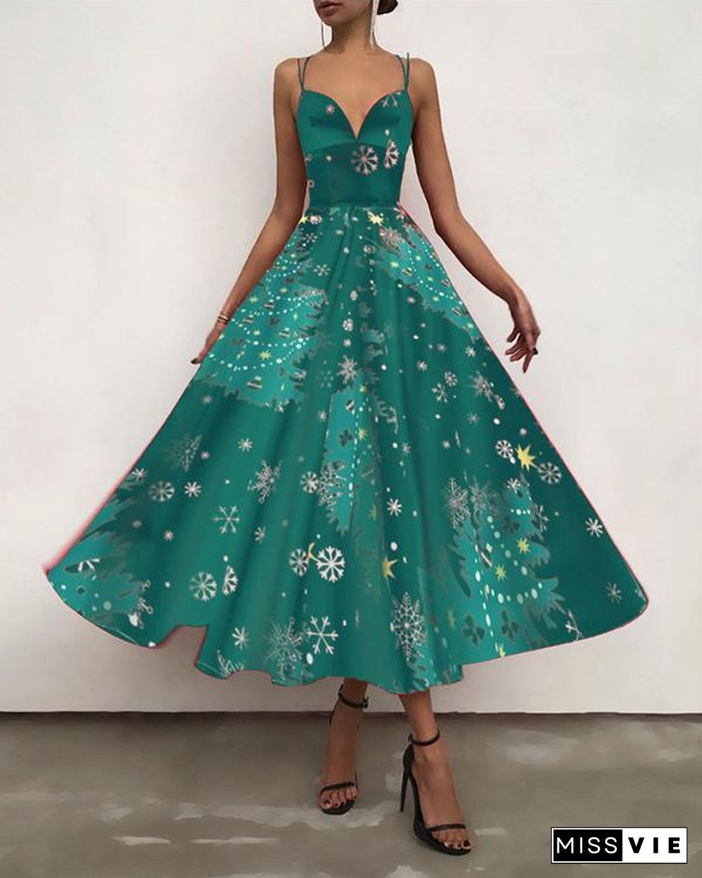 Women Elegant Open Back Print Christmas Party Dress Sling Maxi Swing Dress