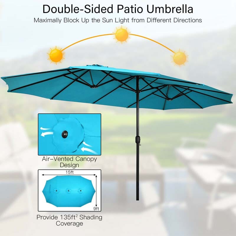 15FT Double-Sided Twin Patio Umbrella with Base & Crank System, Extra-Large Cantilever Market Umbrella