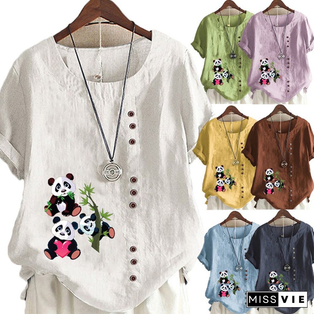 Women's Summer New Fashion Panda Print Round Neck Short-sleeved T-shirt Casual Loose Solid Color Shirt Top Plus Size