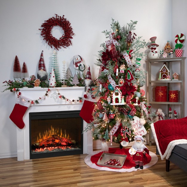 Red Forest Tree On A Wooden Round Base With Pinecones Christmas Tabletop Decor