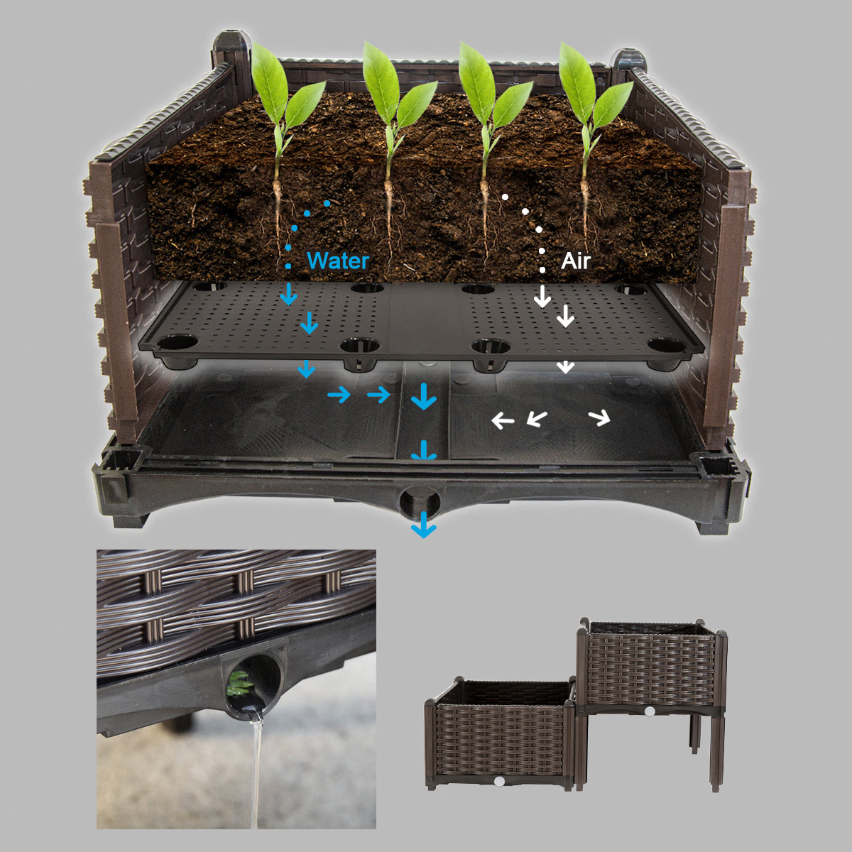 2PCS Planter Box Raised garden bed w/ Self-Watering Design Planters and Drainage Holes Garden planters, Brown