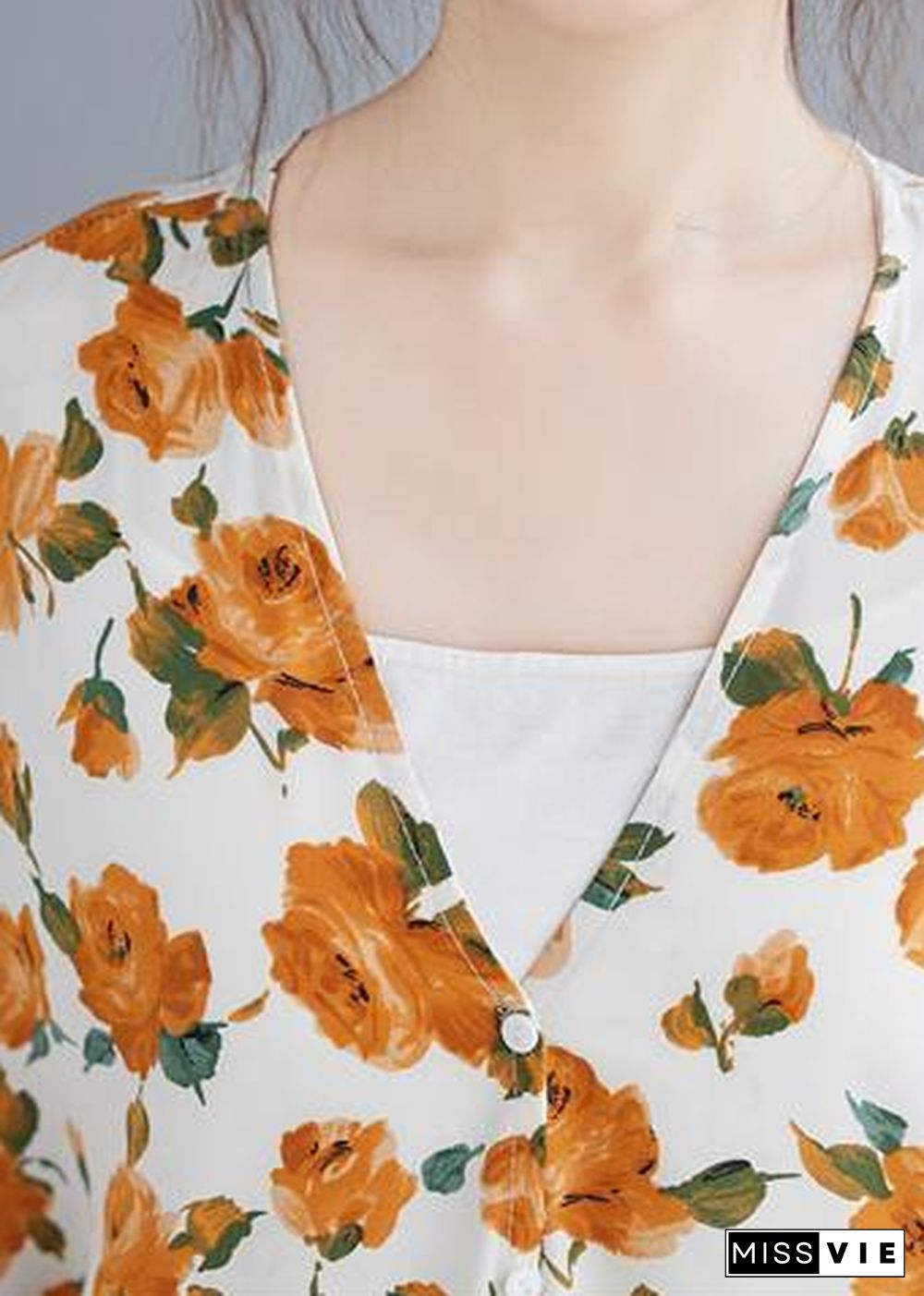 Simple yellow print top v neck Batwing Sleeve blouses