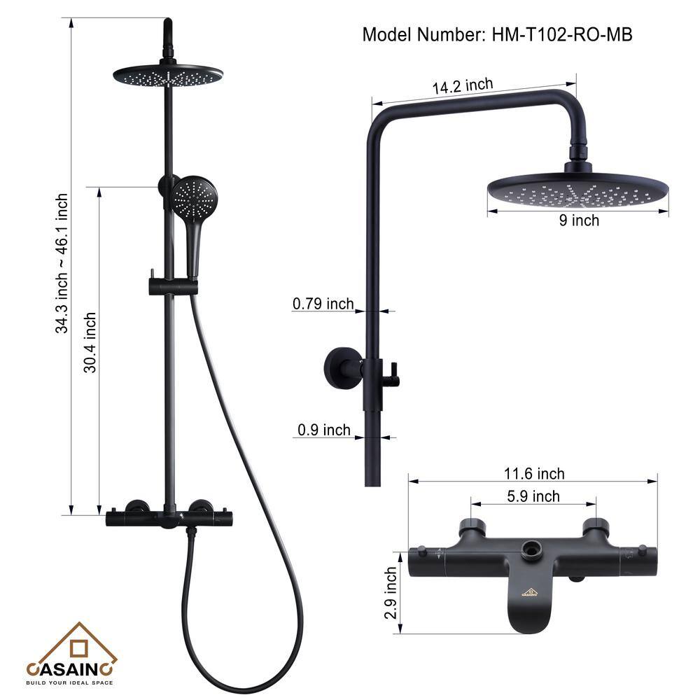 CASAINC 3-Spray Patterns 9 in. Thermostatic Shower Faucet Wall Mount Dual Shower Heads and Tub Faucet in Matte Black HM-T102-RO-MB