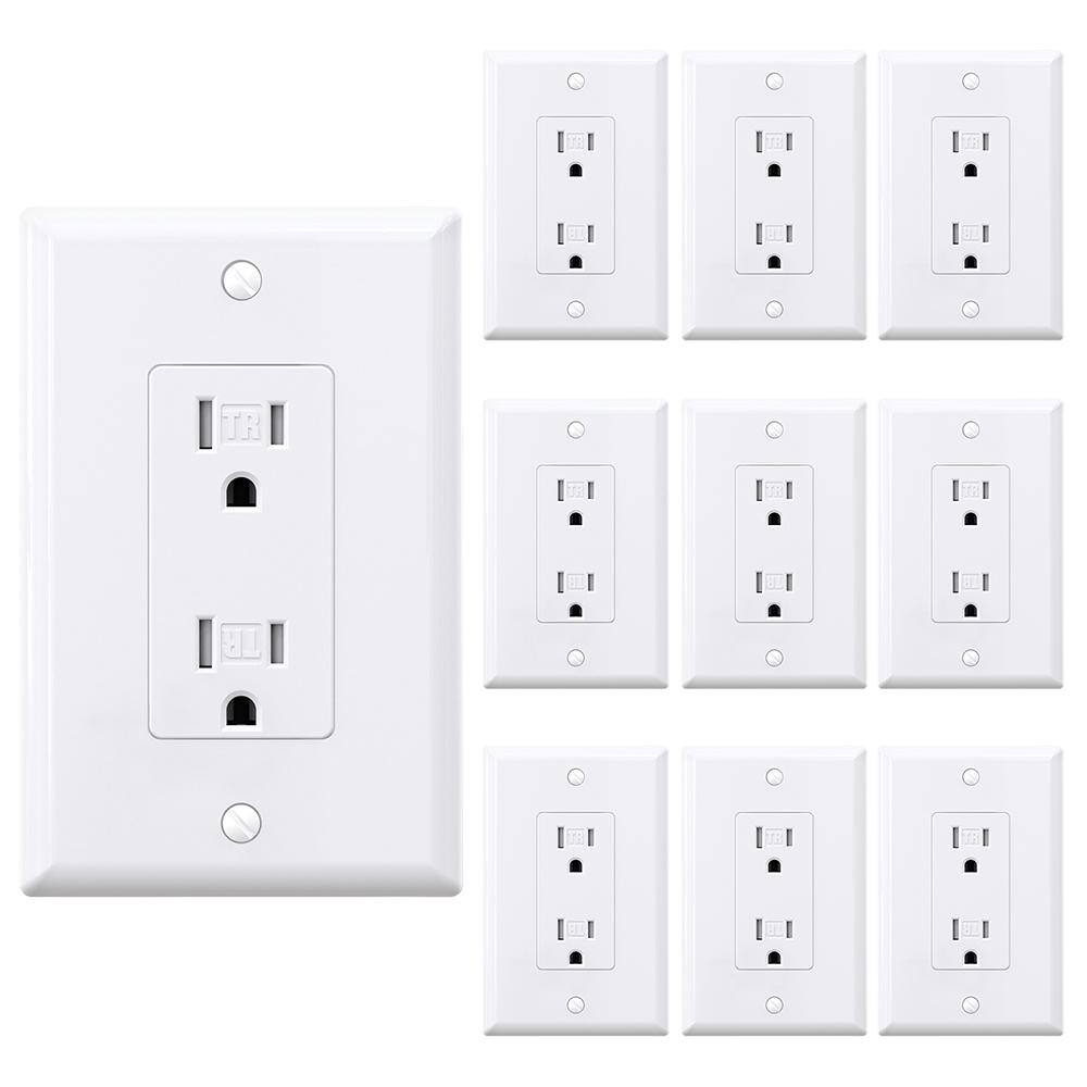 ELEGRP Decor 15 Amp 125-Volt Residential Grade Tamper Resistant Duplex Outlet with Midsize Nylon Wall Plate White (10-Pack) 2007A