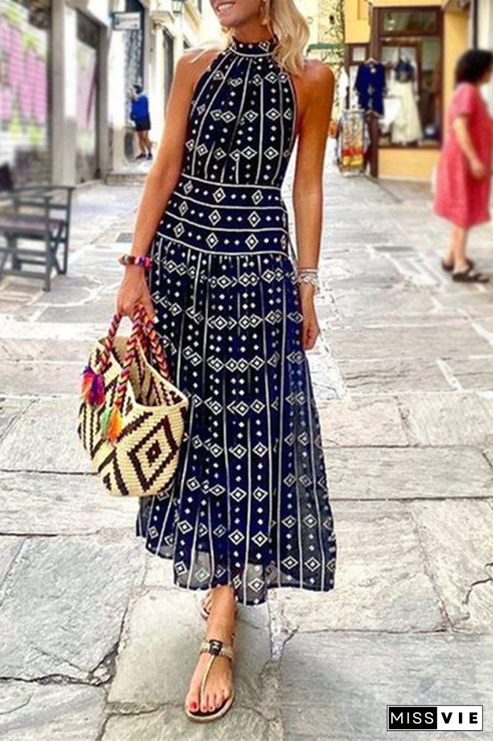 Printed Halter Neck Maxi Sleeveless Dress