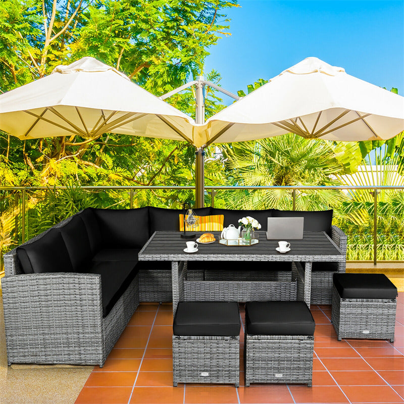 7 Pcs Rattan Patio Dining Furniture Sectional Sofa Set with Dining Table, Ottomans & Cushions