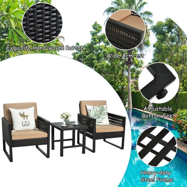 3Pcs Patio Rattan Bistro Cushioned Furniture Set - 25