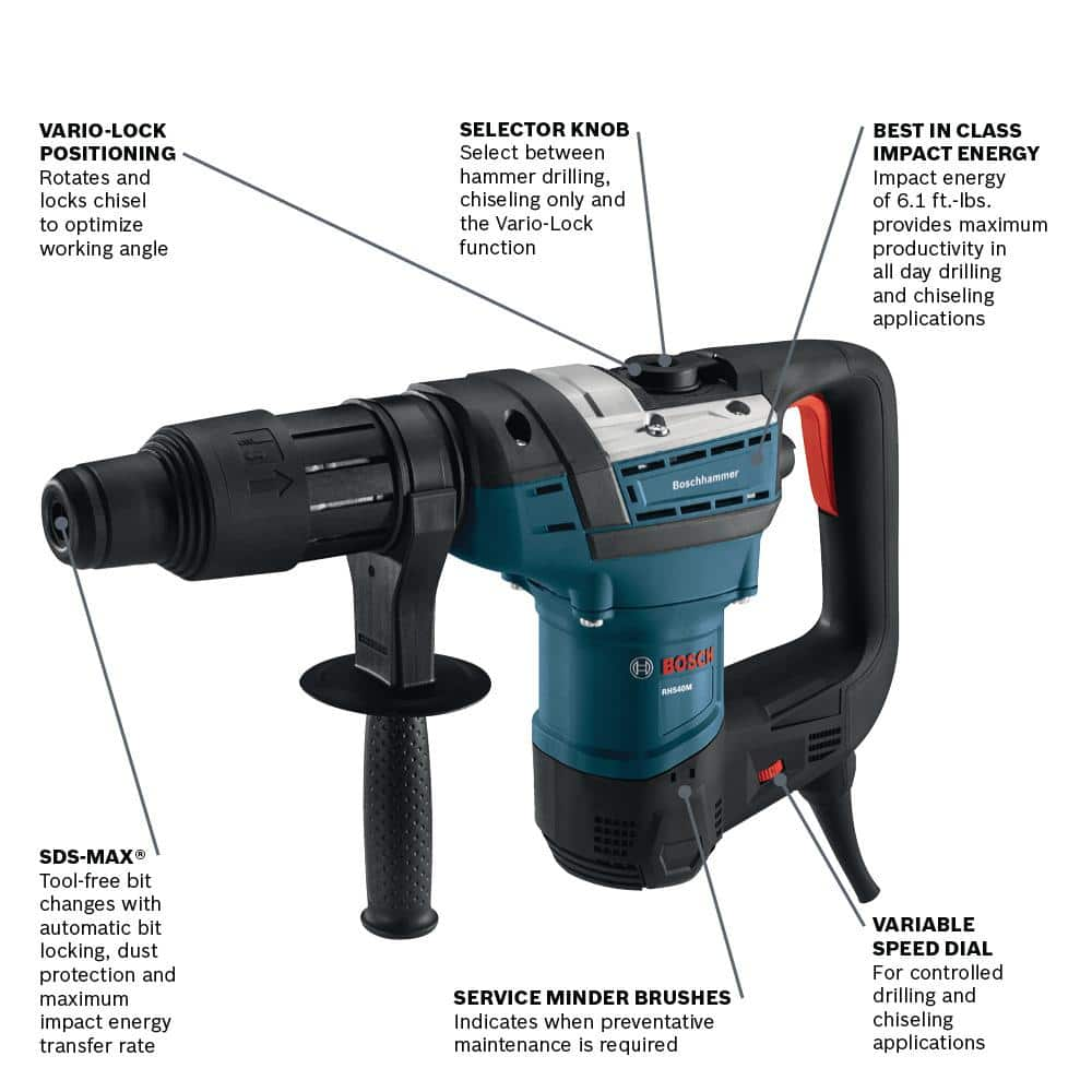 Bosch 12 Amp 1-9/16 in. Corded Variable Speed SDS-Max Combination Concrete/Masonry Rotary Hammer Drill with Carrying Case RH540M