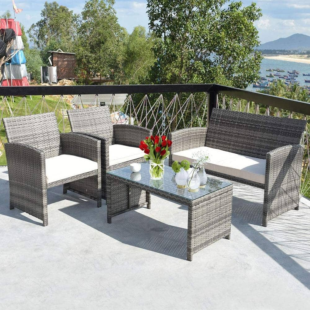 Costway Mix Gray 4-Piece Rattan Wicker Patio Conversation Set with Beige White Cushions Garden Lawn Furniture HW50276