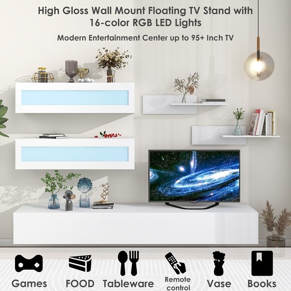 95''W High Gloss RGB LED Wall Mount Floating DIY TV Stand with Modular Assembly