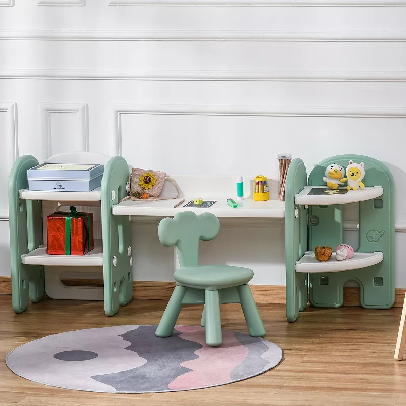 Qaba Kids Table and Chair Set Activity Desk with Bookshelf and Storage for Study Activities Arts or Crafts Grey and White