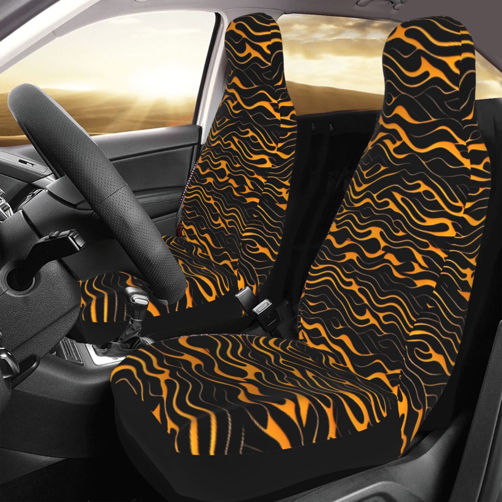 TEQUAN Front Seat Covers， Golden 3D Abstract Wave Pattern 2 Piece Car Seat Cover Fit Most Car SUV Truck Van