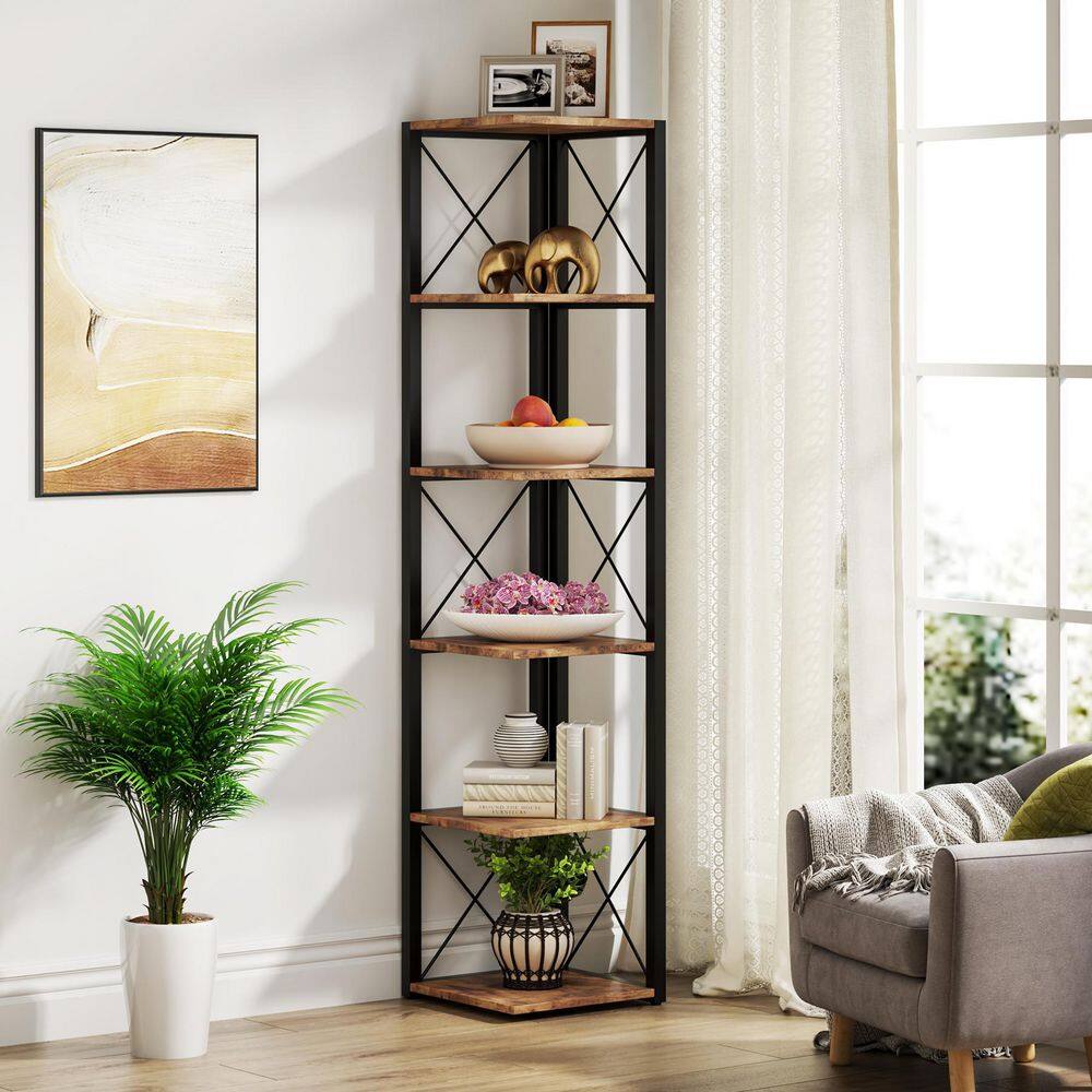 TRIBESIGNS WAY TO ORIGIN Jannelly 70.8 in. Rustic Brown Wood and Black Metal Frame 6 tier Radial Corner Shelves Bookcase Storage Rack Plant Stand HD-F1356-WZZ