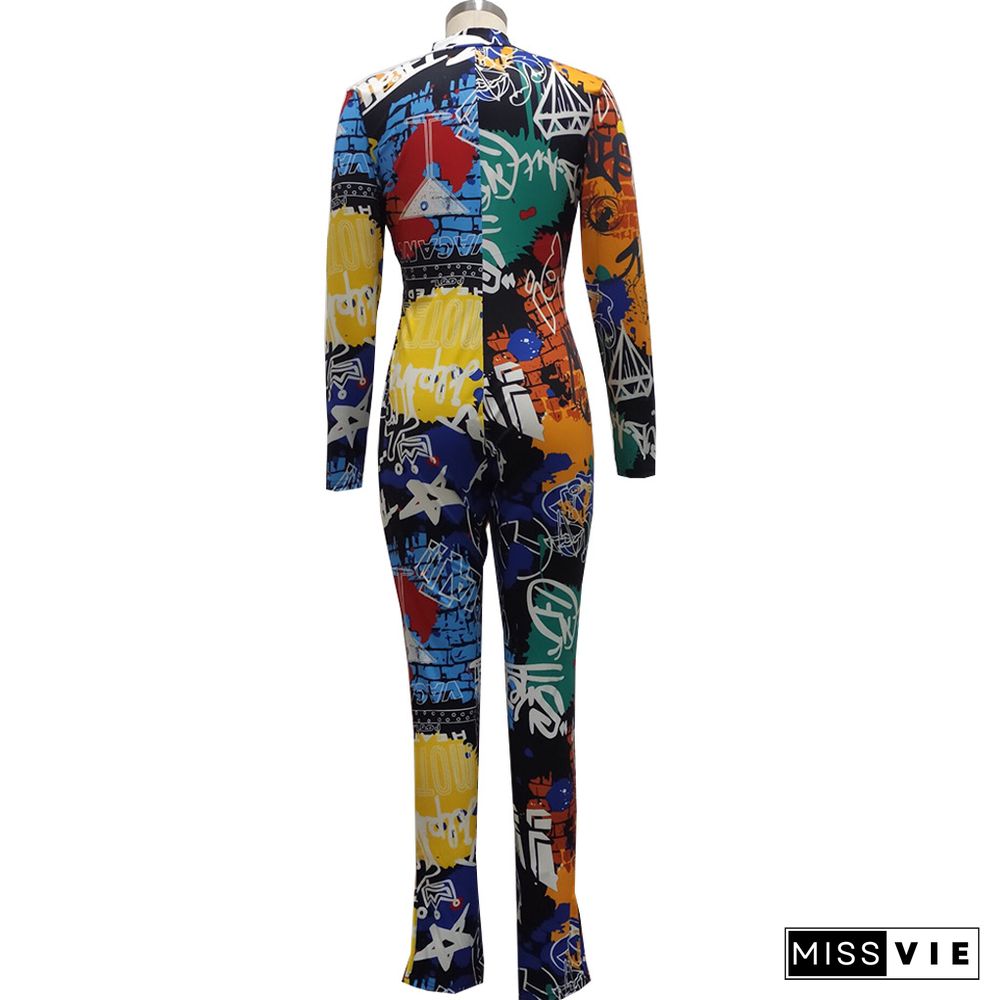 Women Autumn Clothing Digital Print Long Sleeve Front Zipper Bodycon Fitness One Piece Jumpsuit