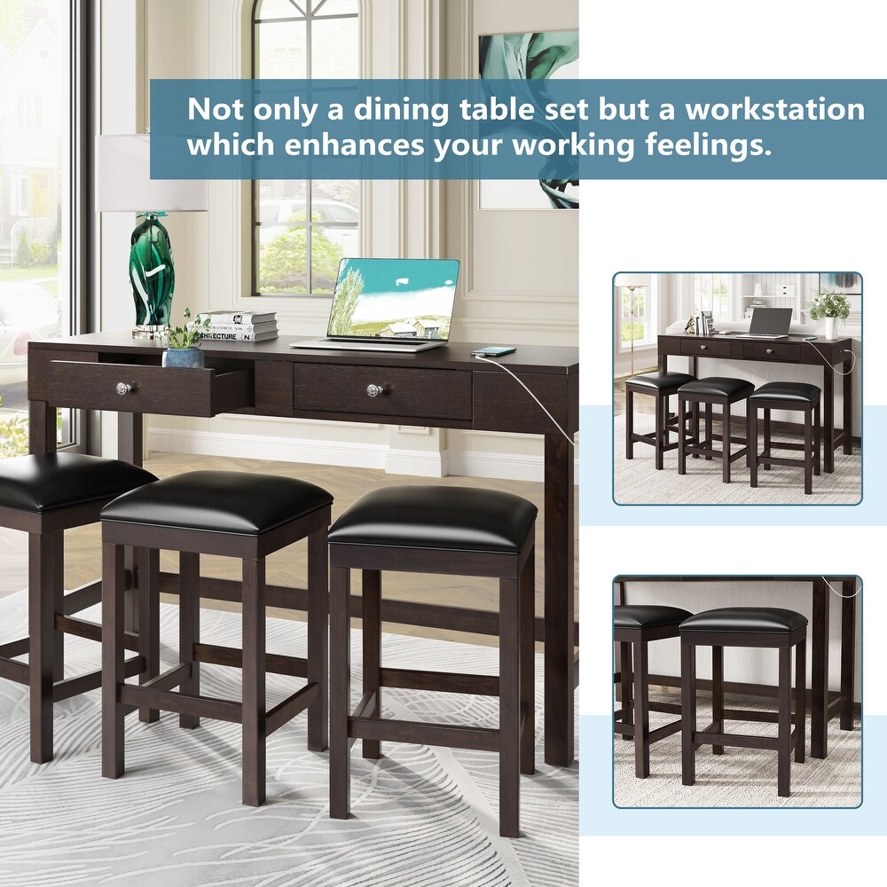 4 Piece Dining Table Set with Socket   Leather Padded Stools  Brown