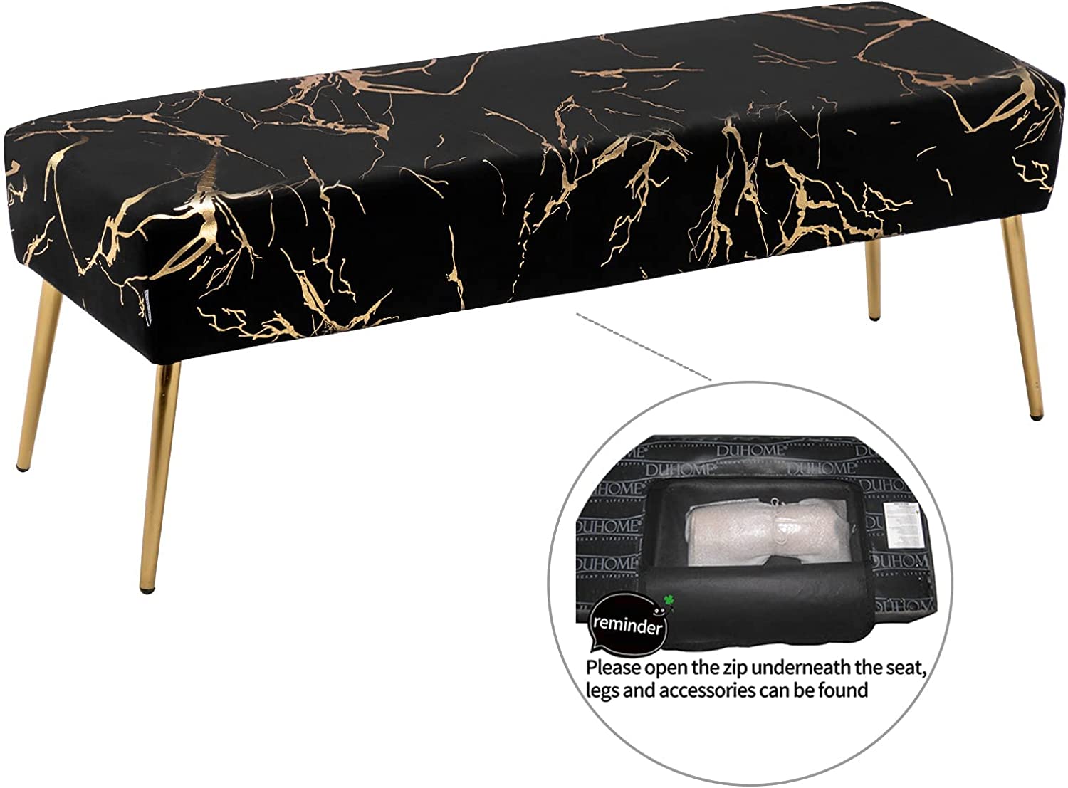 Duhome Velvet Upholstered Bench for Bedroom Entryway Bench with Gold Legs End of Bed Bench Makeup Vanity Bench Indoor Accent Bench, Black