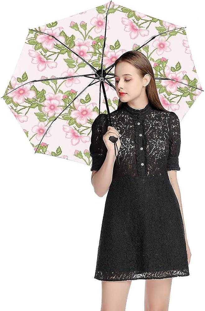 Colourlife Travel Umbrella Cherry Blossom Seamless Pattern Automatic Windproof Foldable Umbrella For Sun and Rain