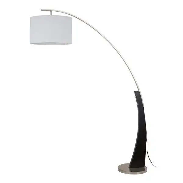 Q-Max Arched Floor Lamp with Drum Shade and Unique Black Wood Pole Base with Metal Base