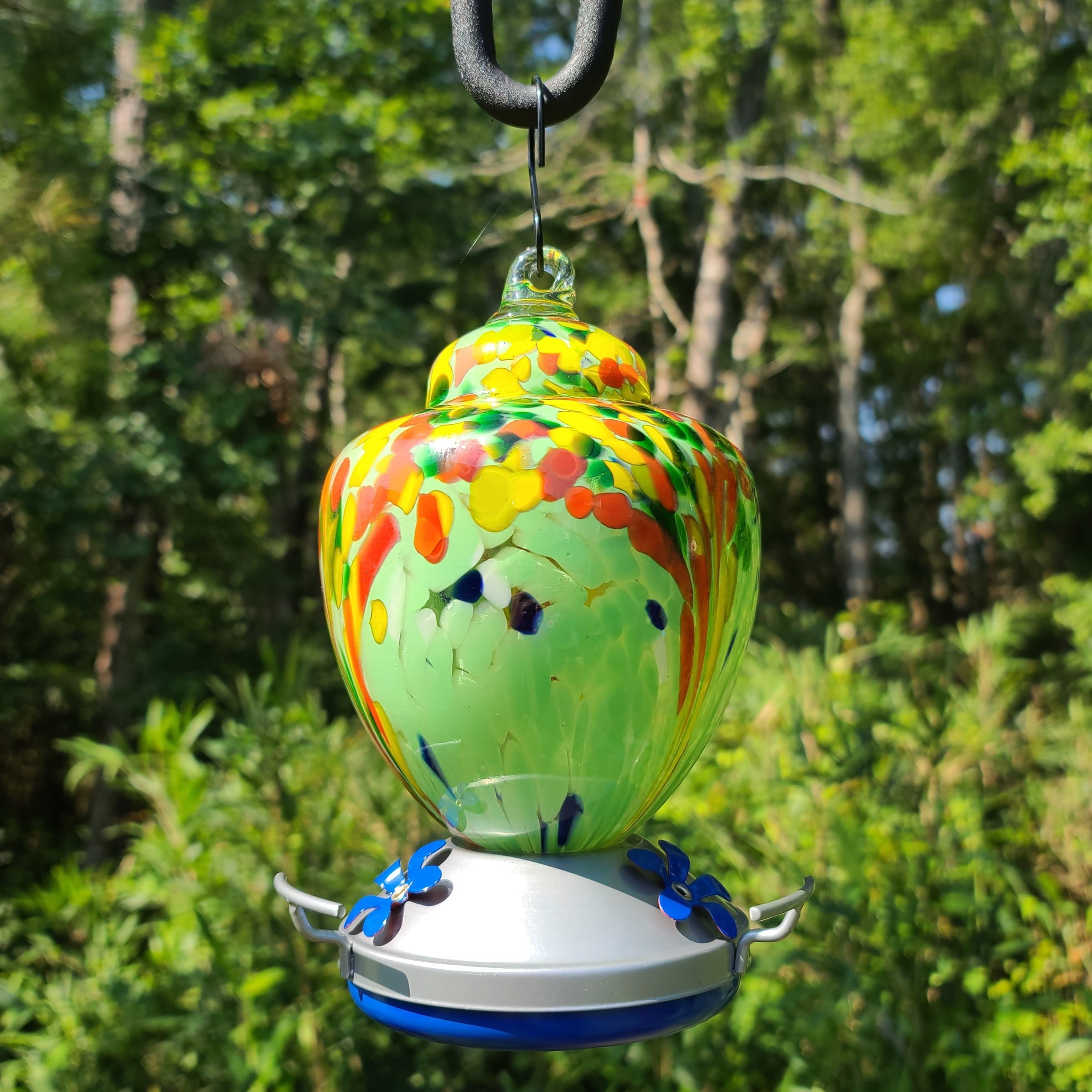 Griffin Products 38 oz. Green Hand-Blown Glass Hummingbird Feeder