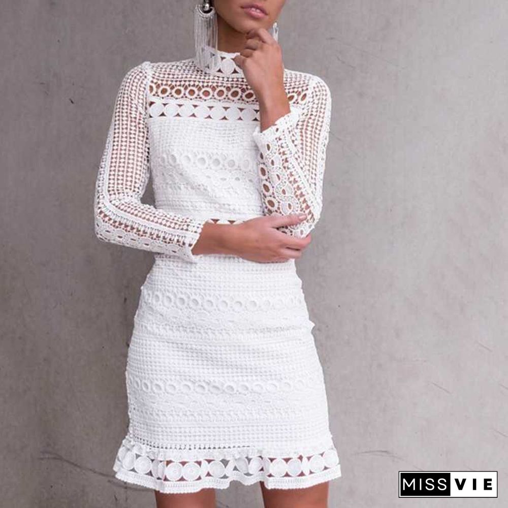 Bohemian long sleeve turtle neck white lace dress