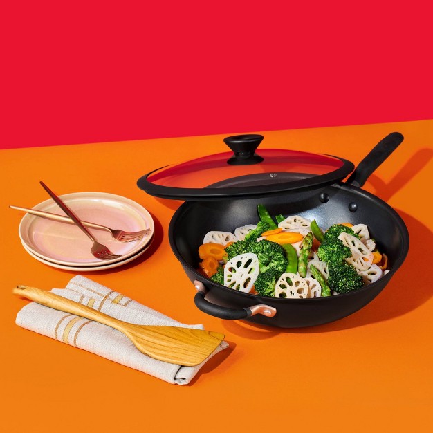 Hard Anodized Nonstick Induction Stir Fry Wok With Helper Handle And Glass Lid Matte Black