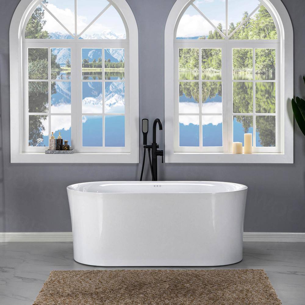 WOODBRIDGE 59 in. Acrylic Flatbottom Double Ended Air Bath Bathtub with Matte Black Overflow and Drain Included in White HBT6092