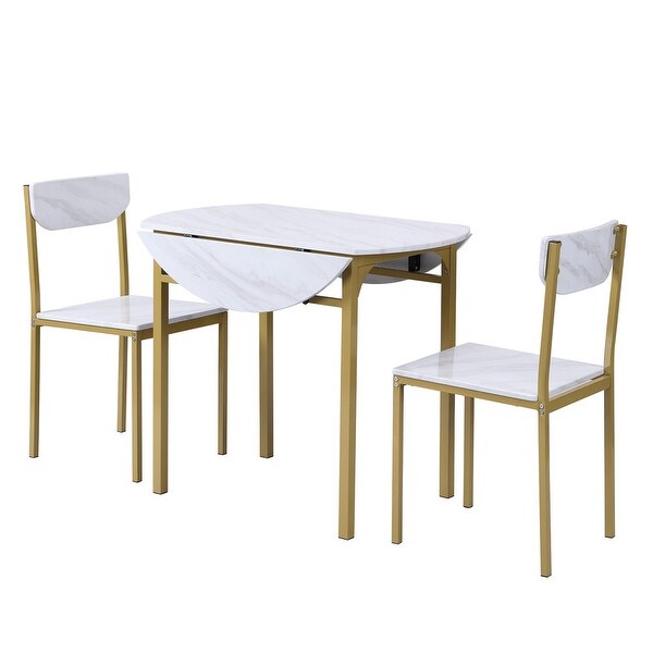 3 Piece Drop Leaf Dining Table Set， Modern Counter Height Round Dining Set with 2 Chairs， Wood Small Kitchen Table Set