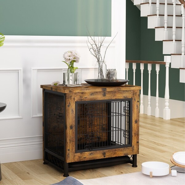 Grondin Industrial Style Wooden Dog Crate Furniture Style Dog Kennel with 3 Doors and Bottom Slide Out Tray