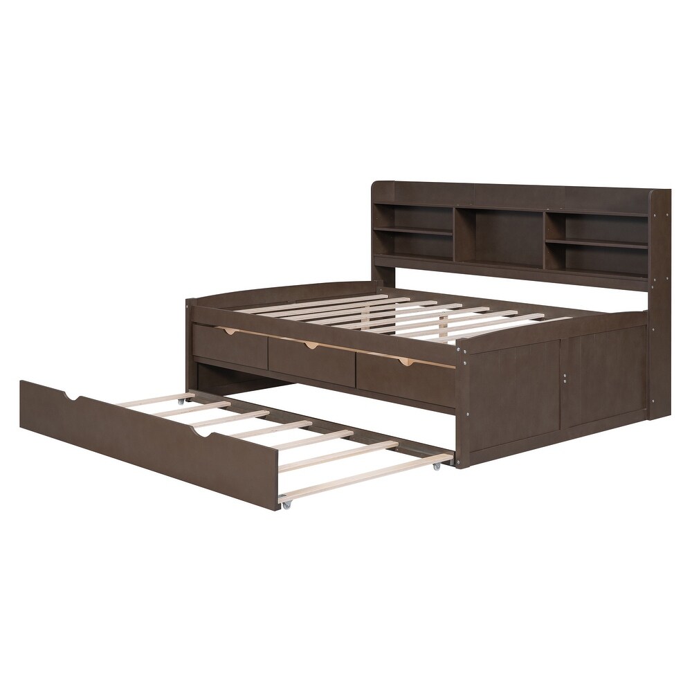 Wooden Captain Bed Platform Bed Frame with Rectangular Storage Headboard Built in Bookshelves  3 Storage Drawers and Trundle