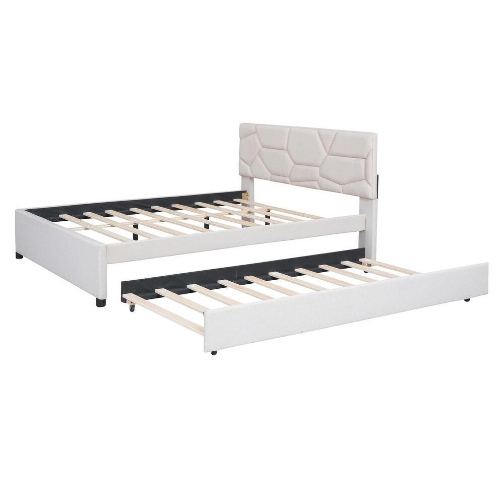 Queen Size Upholstered Platform Bed with Linen Fabric Brick Pattern Headboard and Twin XL Size Trundle Bed Frame