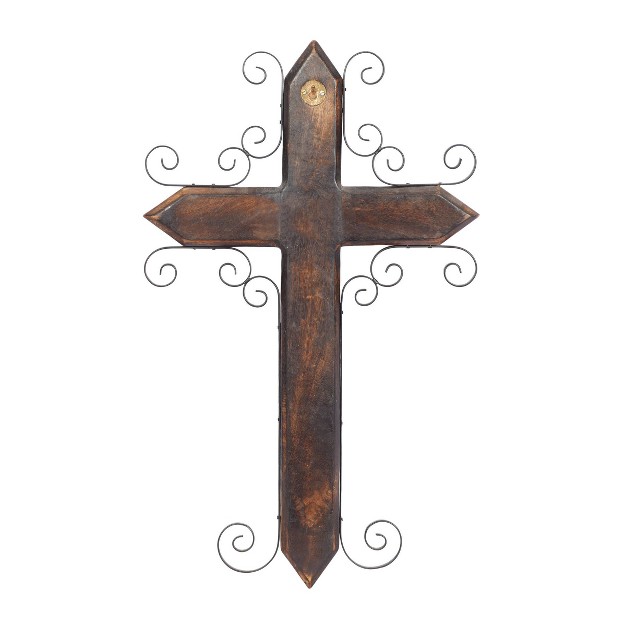 Mango Wood Biblical Carved Cross Wall Decor With Metal Scrollwork Brown Olivia amp May