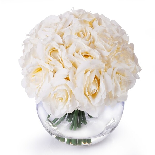 Enova Home Artificial 21 Heads Silk Roses Fake Flowers Arrangement in Round Clear Glass Vase with Faux Water for Home Decoration