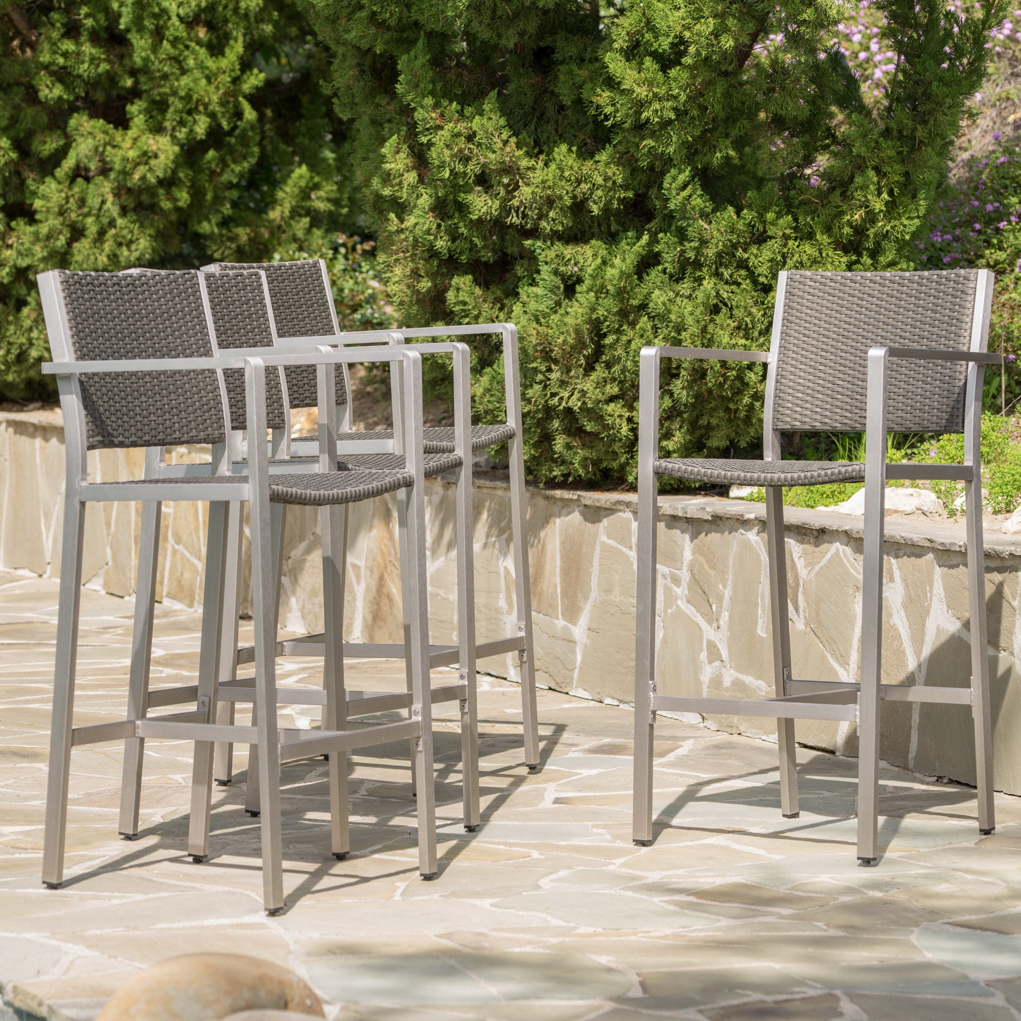 Capral Outdoor Modern Gray Wicker Barstools with Aluminum Frame (Set of 4)