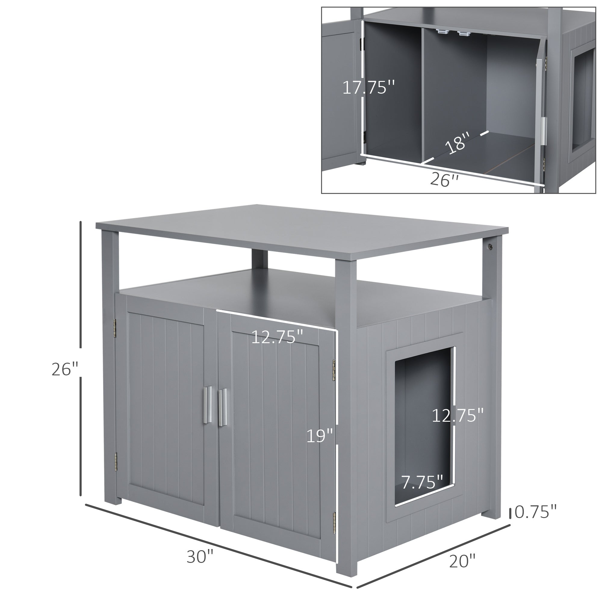 PawHut Wood Cat Litter Box Enclosure Furniture w/ Adjustable Interior Wall Grey