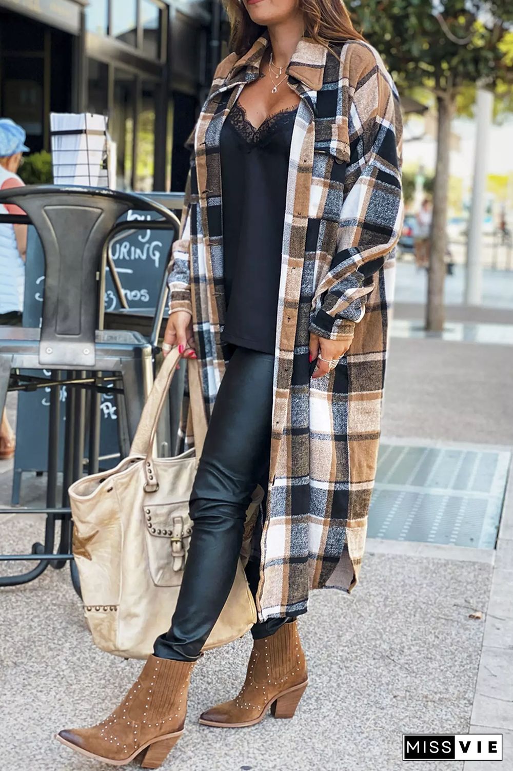 KarliDress Lapel Plaid Print Woolen Long Coat P12611