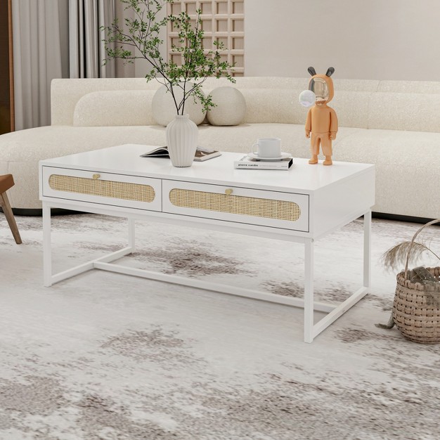 Arina Natural Rattan 4 Metal Legs Storage Coffee Table With 2 drawers maison Boucle