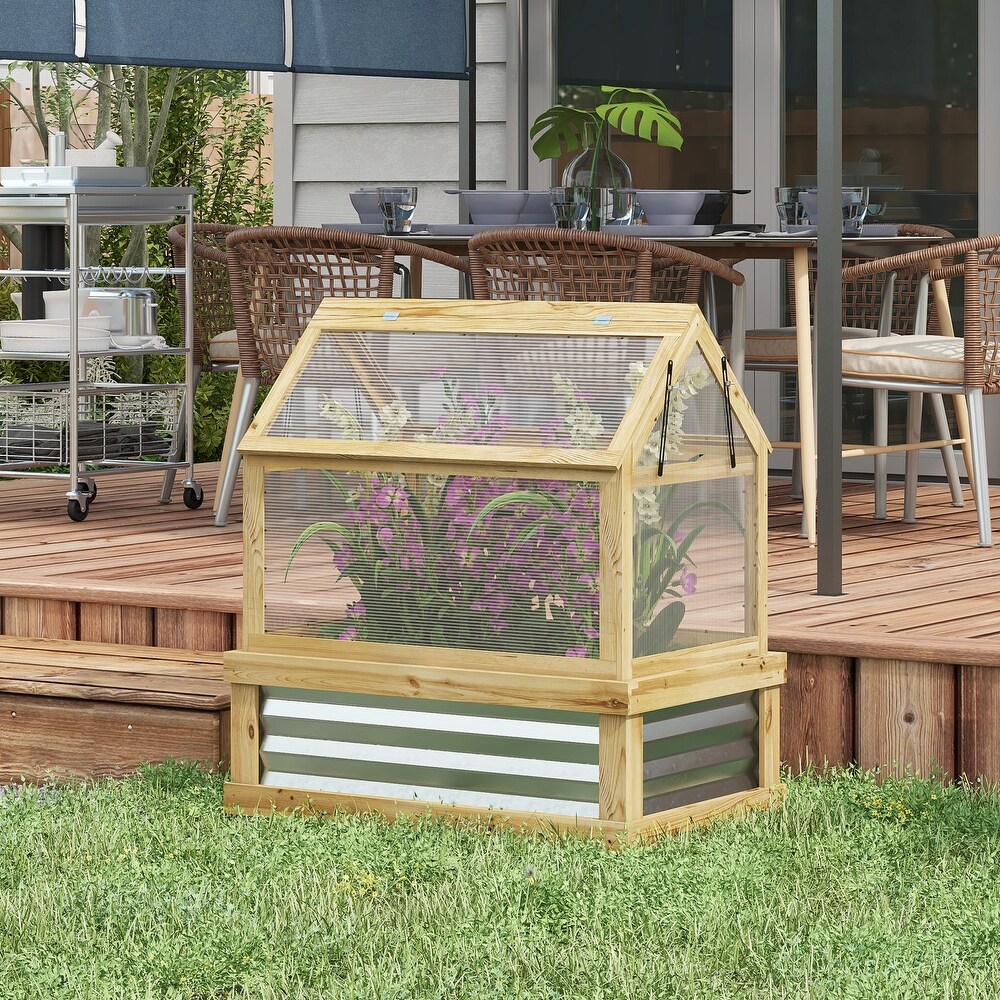 Outsunny Raised Garden Bed with Polycarbonate Greenhouse  Garden Wooden Cold Frame Greenhouse