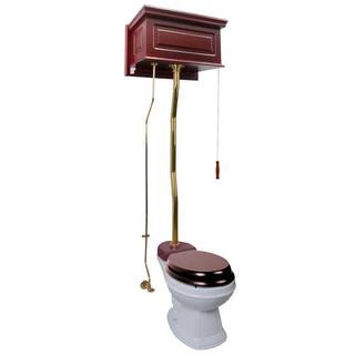 RENOVATORS SUPPLY MANUFACTURING Londonderry High Tank Pull Chain Toilet Single Flush Elongated Bowl in White with Cherry Tank  Brass Top Entry Pipes 20169