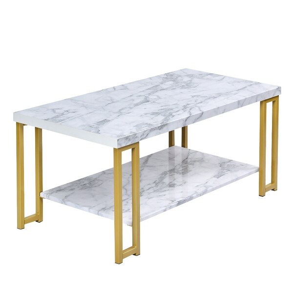 2 Tier Rectangular Coffee Table with Gold Print Metal Frame