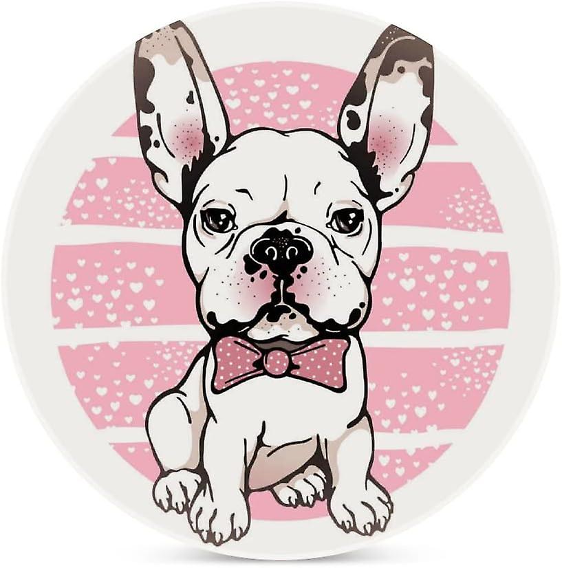 2pcs Round French Bulldog With Bow Ceramic Coasters With Cork-backed For Coffee Drink Cup Mat Absorbent Stone Coasters