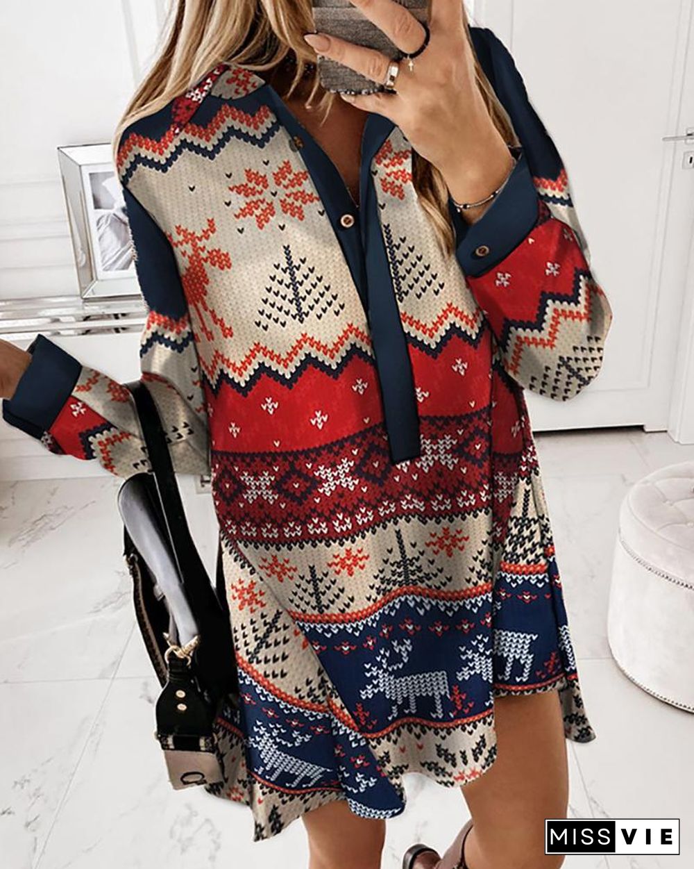 Christmas Print Buttoned Shirt Dress