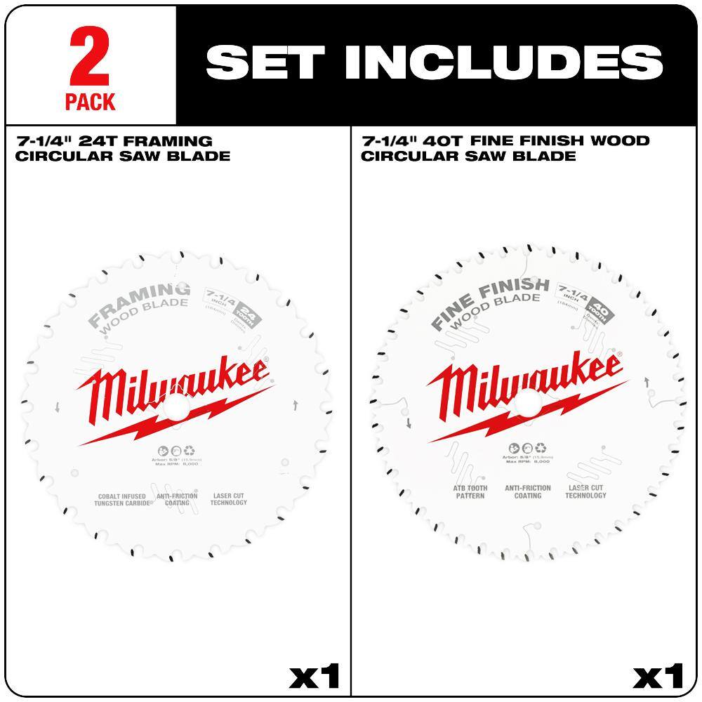 MW 7-14 in. x 24-Tooth Framing  40-Tooth Fine Finish Carbide Circular Saw Blades (2-Pack) 48-40-0725