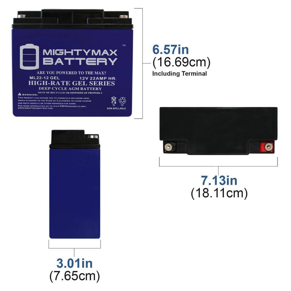 MIGHTY MAX BATTERY 12-Volt 22 Ah SLA (Sealed Lead Acid) GEL AGM Type Replacement Battery for Mobility and UPS Systems (2-Pack) ML22-12GELMP2