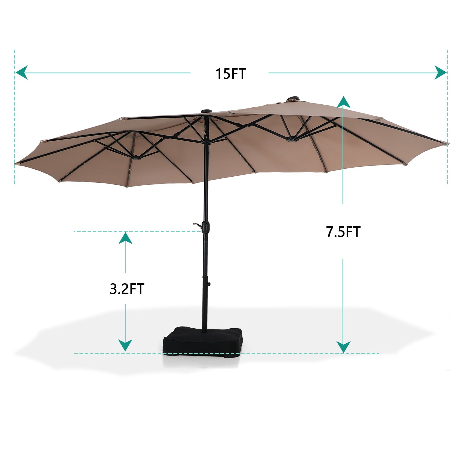 MF Studio 15ft Double-Sided Solar Patio Umbrella with Base Large Outdoor Table Umbrella with Crank Handle and 36 pcs LED lights, Beige