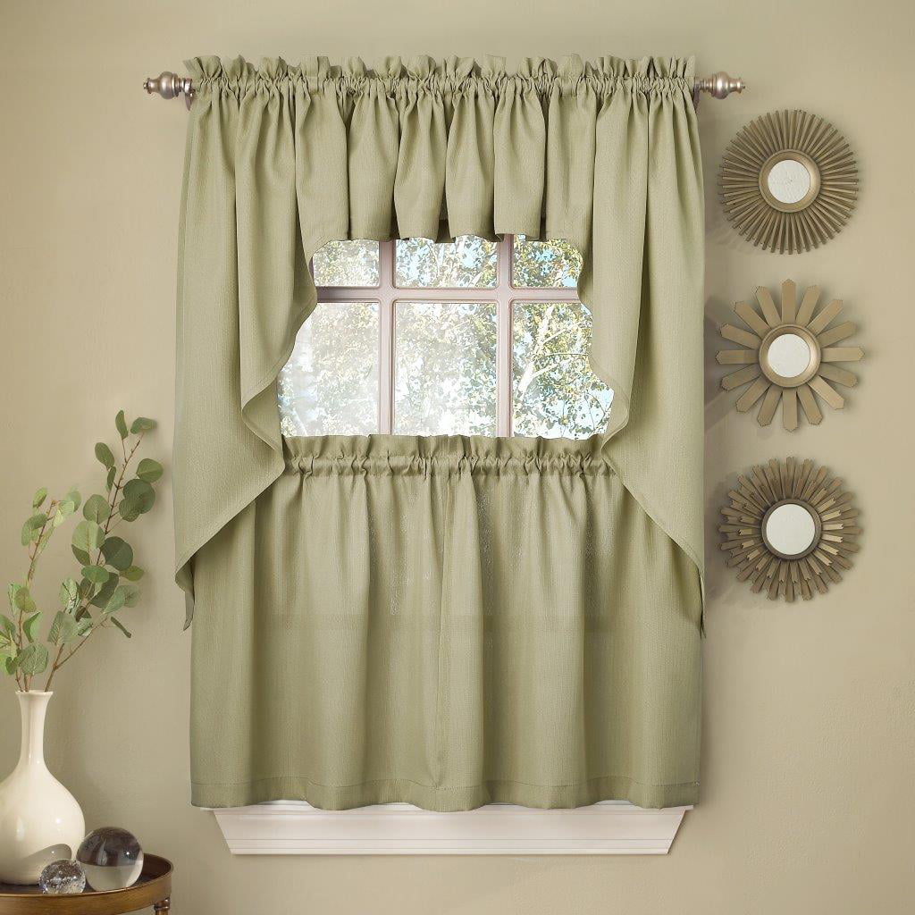 Sage Solid Opaque Rib Cord Kitchen Curtains Choice Of Tiers Valance Or Swag