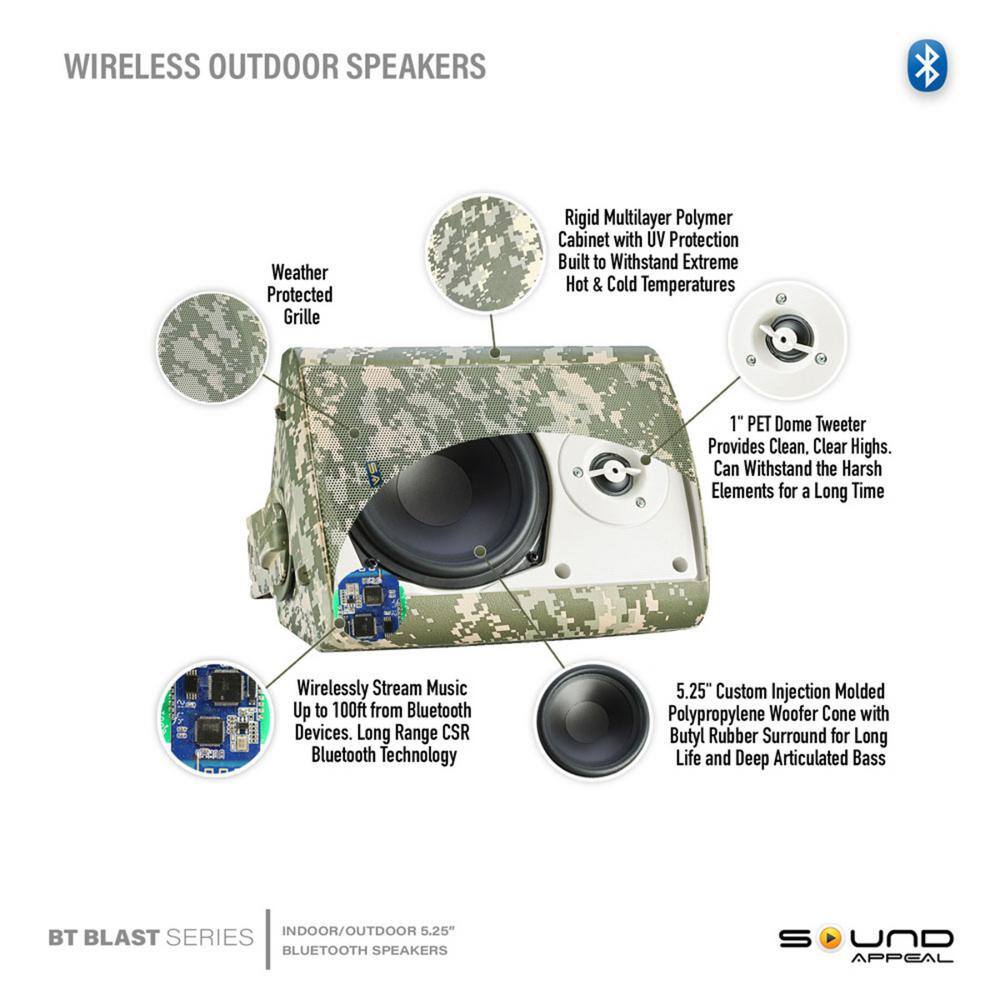 Sound Appeal 5.25 in. BT BLAST IndoorOutdoor Wireless Bluetooth Speaker Camouflage Pair SA-BLAST5-CF