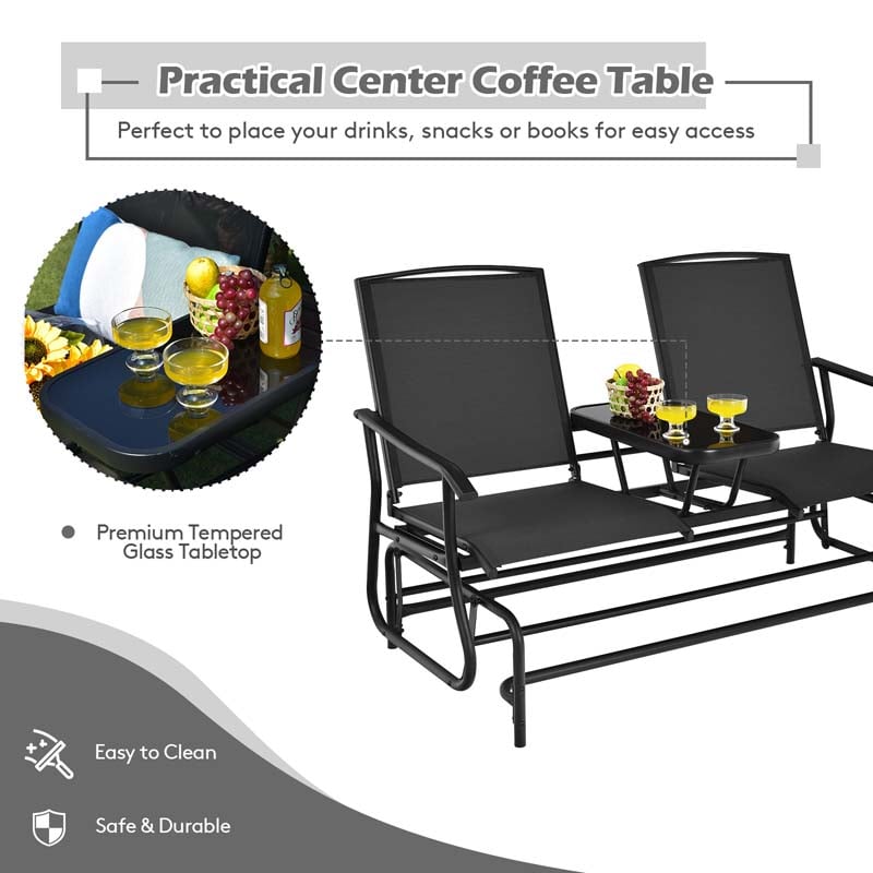 2-Person Outdoor Bench Glider Chair with Center Table, Mesh Fabric Rocking Loveseat for Patio