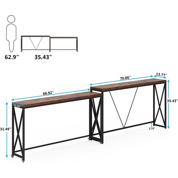 Console Table Set of 2， Narrow Long Sofa Entryway Tables Brown with Wheels